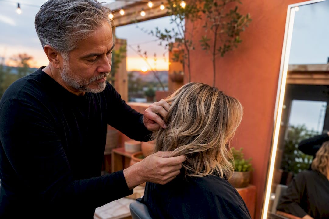 Stylist's hands evaluating haircut quality