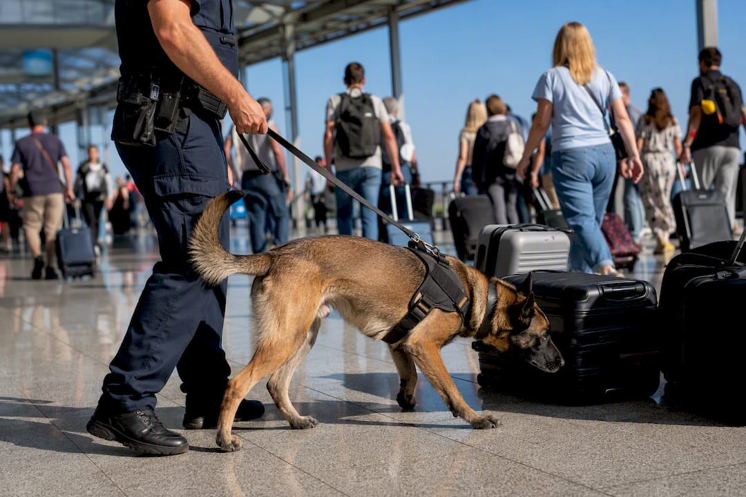 Drug detection dog inspecting luggage