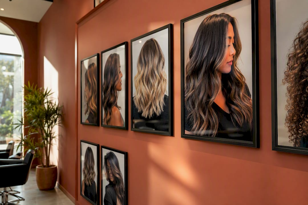 Balayage hairstyle portfolio photos on salon wall