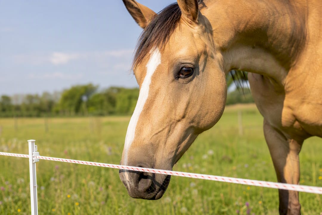 Horse cautiously inspecting temporary electric fence