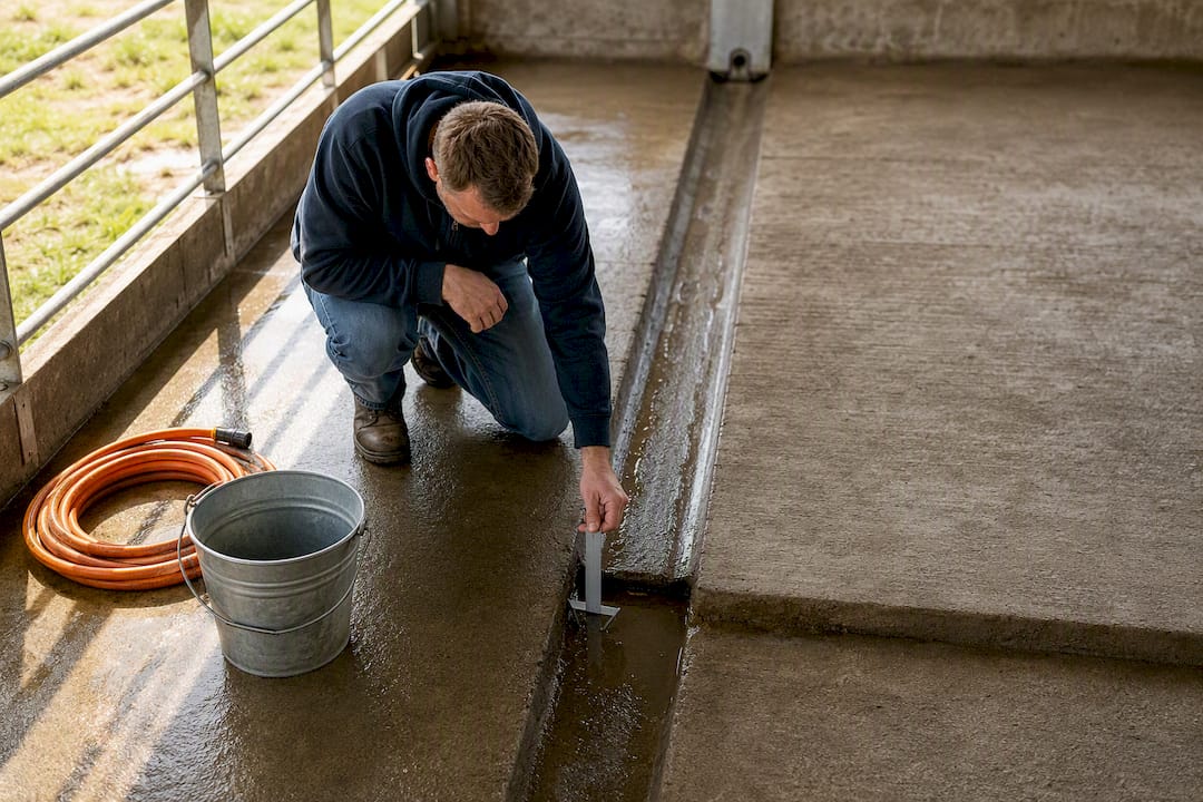 Inspecting drainage slope in livestock pen