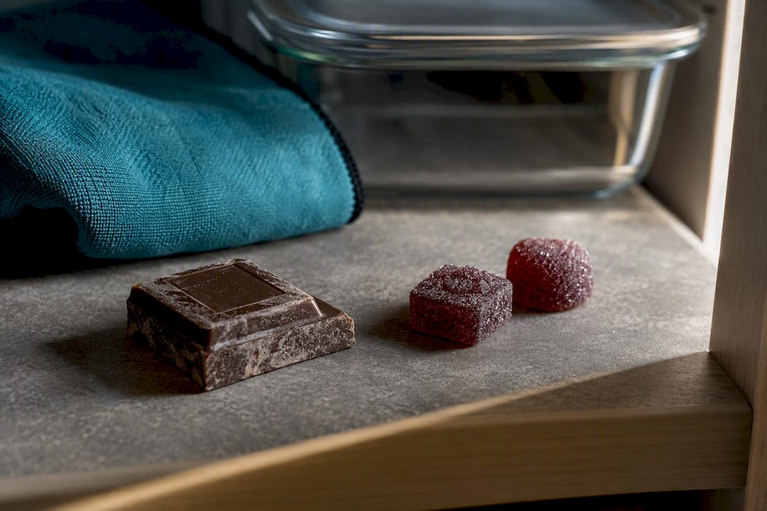 Chocolate bloom beside stored gummy pieces