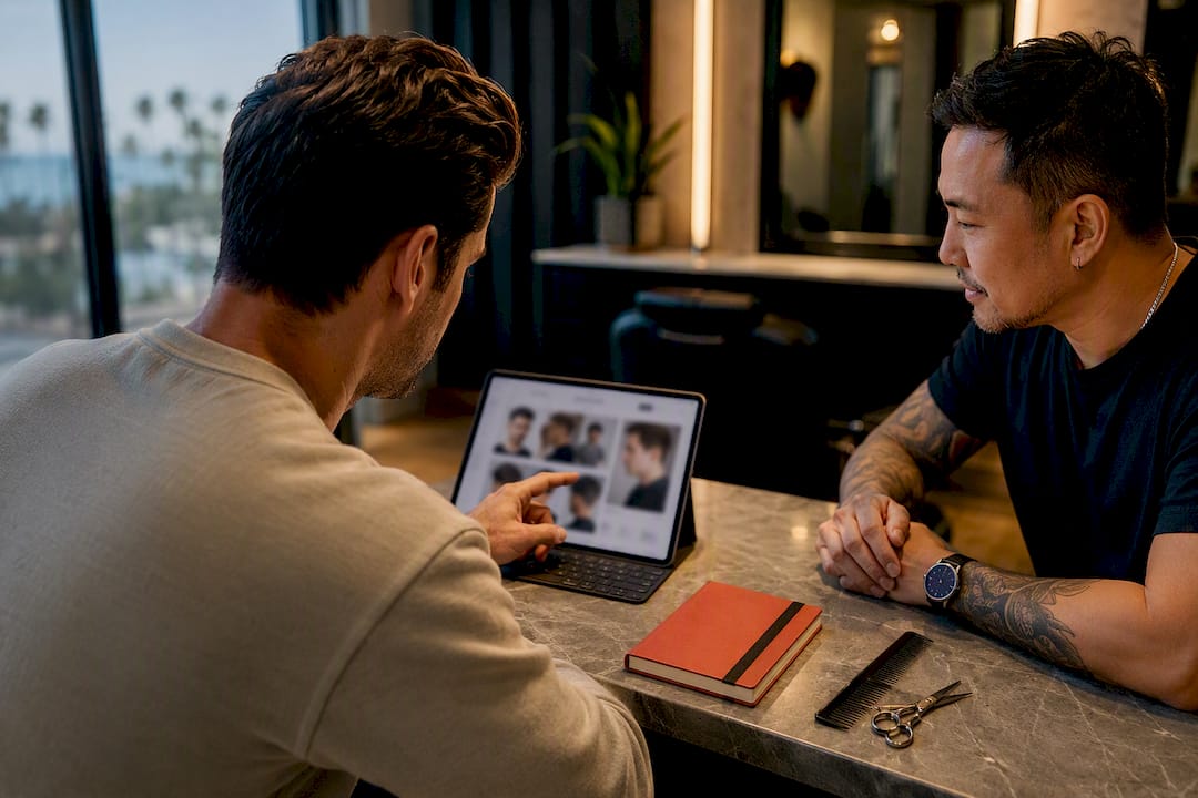 Client reviewing barber portfolio in salon