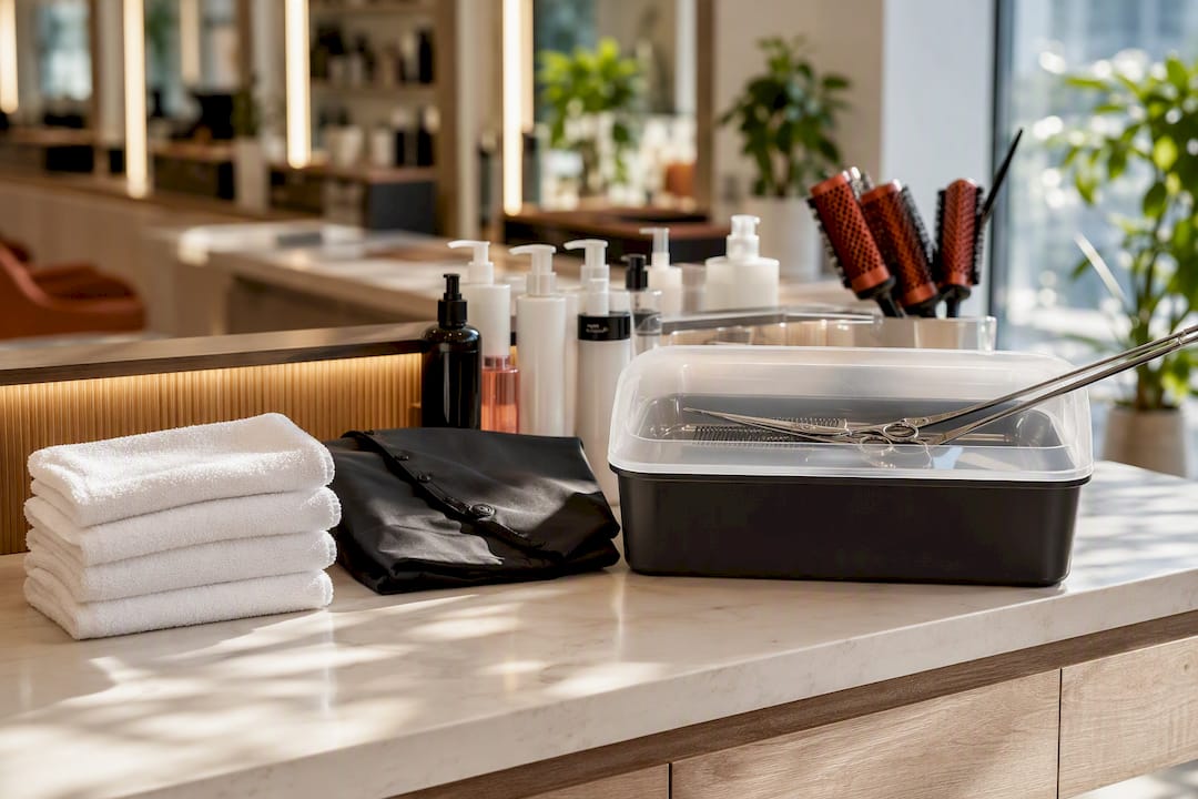 Sanitized tools and fresh towels at salon station