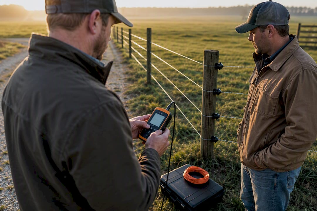Contractor demonstrating fence voltage reading