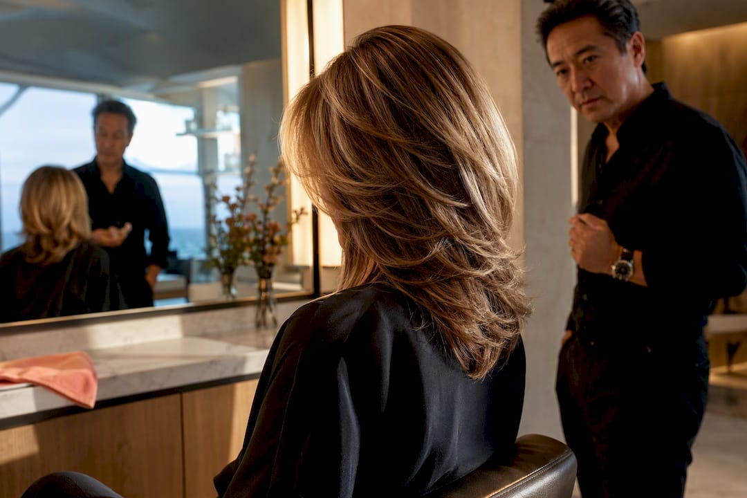 Client viewing finished haircut in salon mirror
