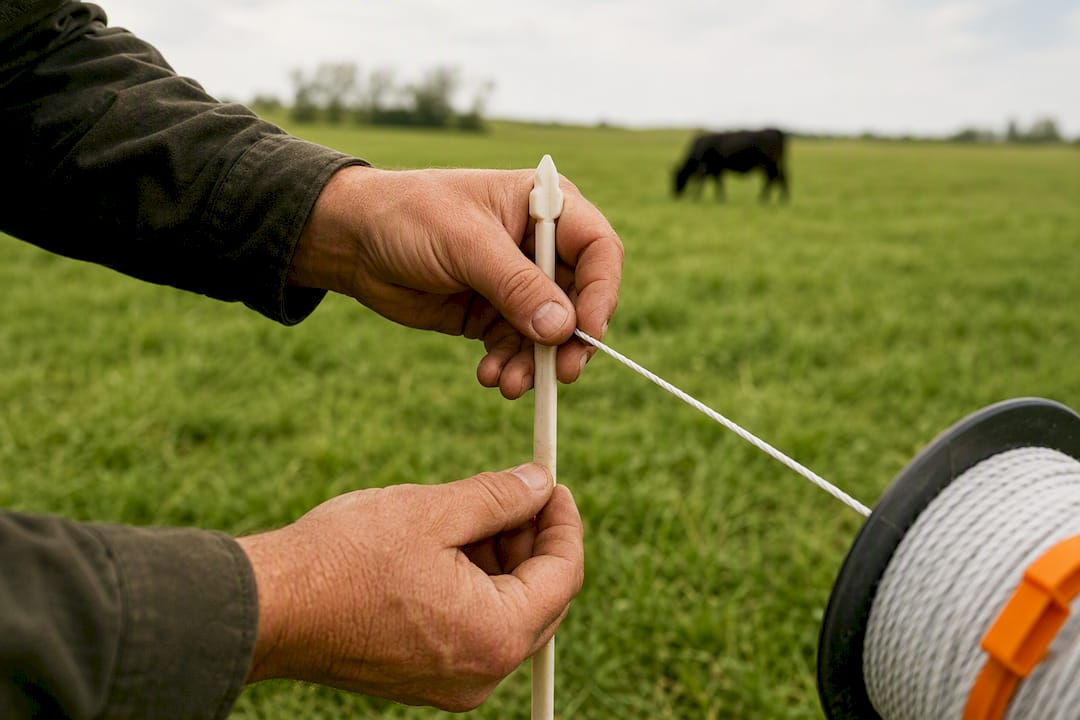 Hands repositioning temporary pasture fence
