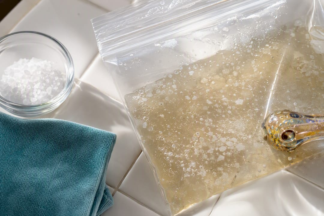 Cleaning bag with salt and glass pipe edge