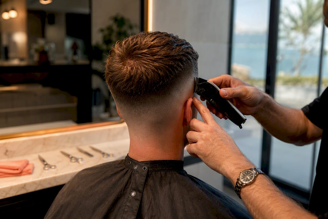 Barber blending a precise men's fade