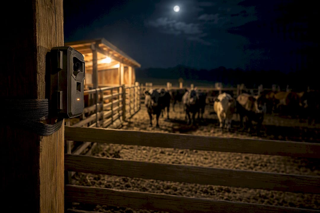 Motion camera monitoring cattle night pen