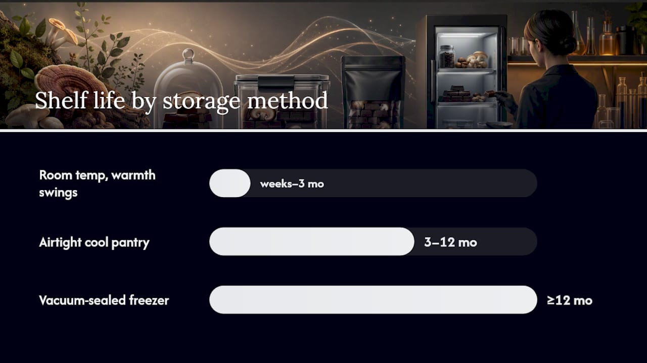 Mushroom chocolate storage shelf-life timeline