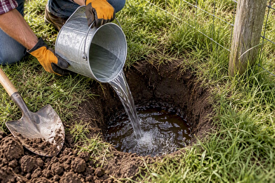 Water filling a pasture soil drainage hole