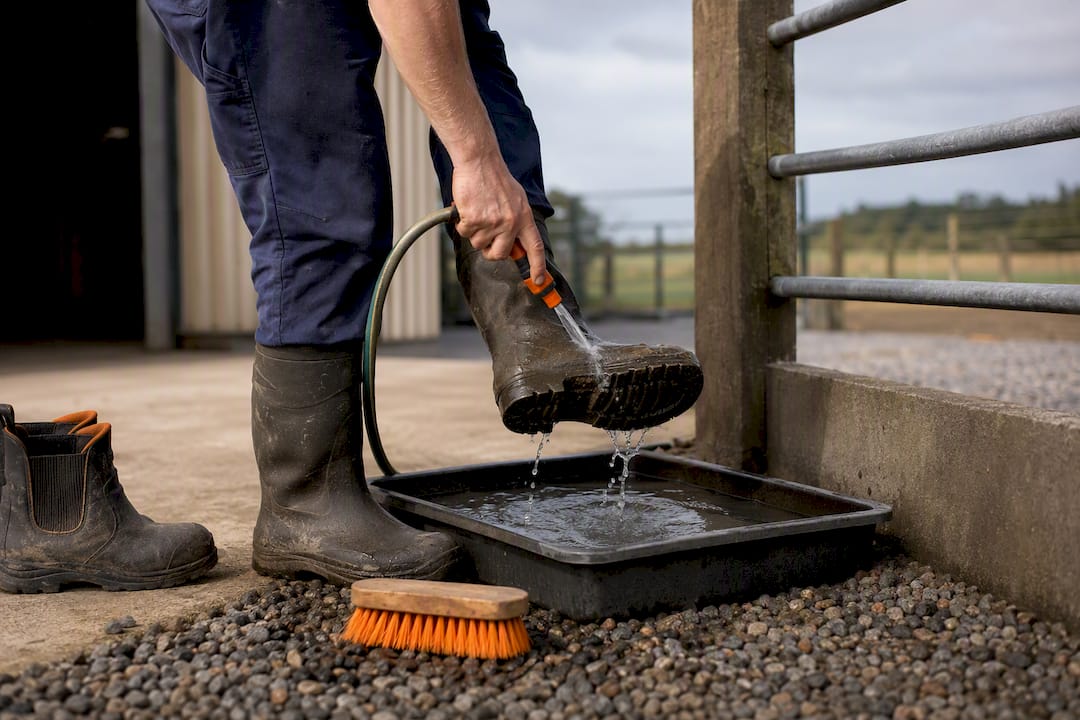 Worker using a farm boot bath