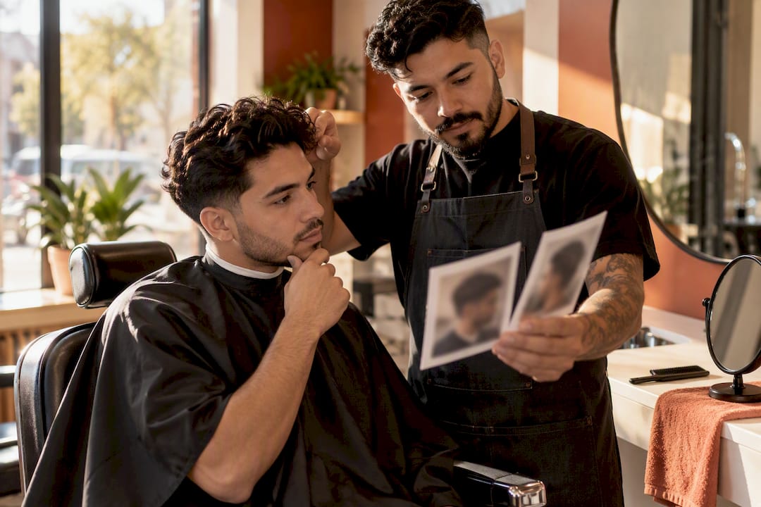 Barber comparing haircut reference photos