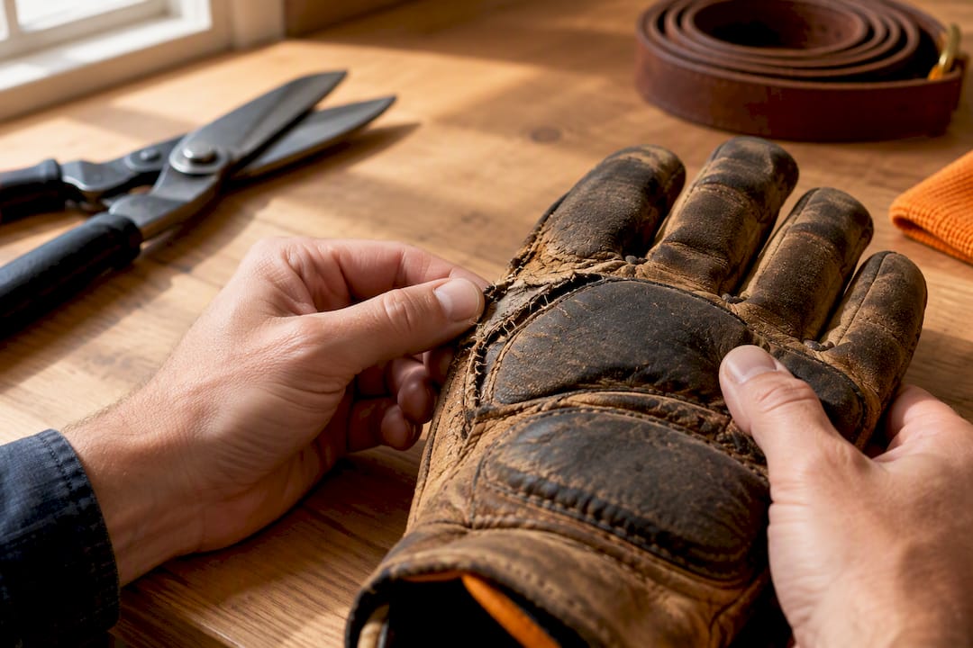 Hands inspecting worn livestock safety gear