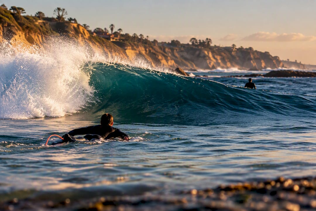 Surfer approaching a La Jolla breaking wave