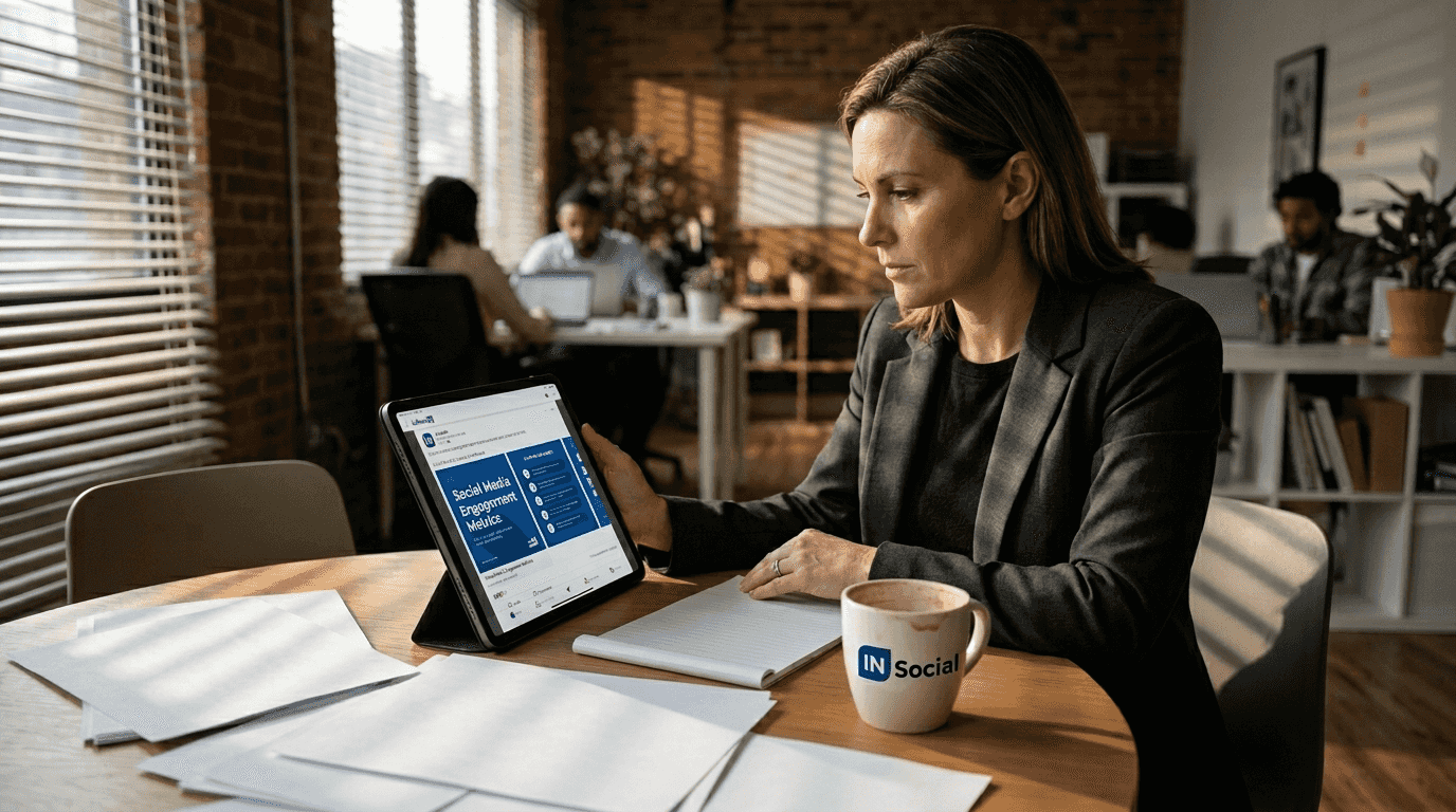 Professional reviewing LinkedIn carousel post on tablet
