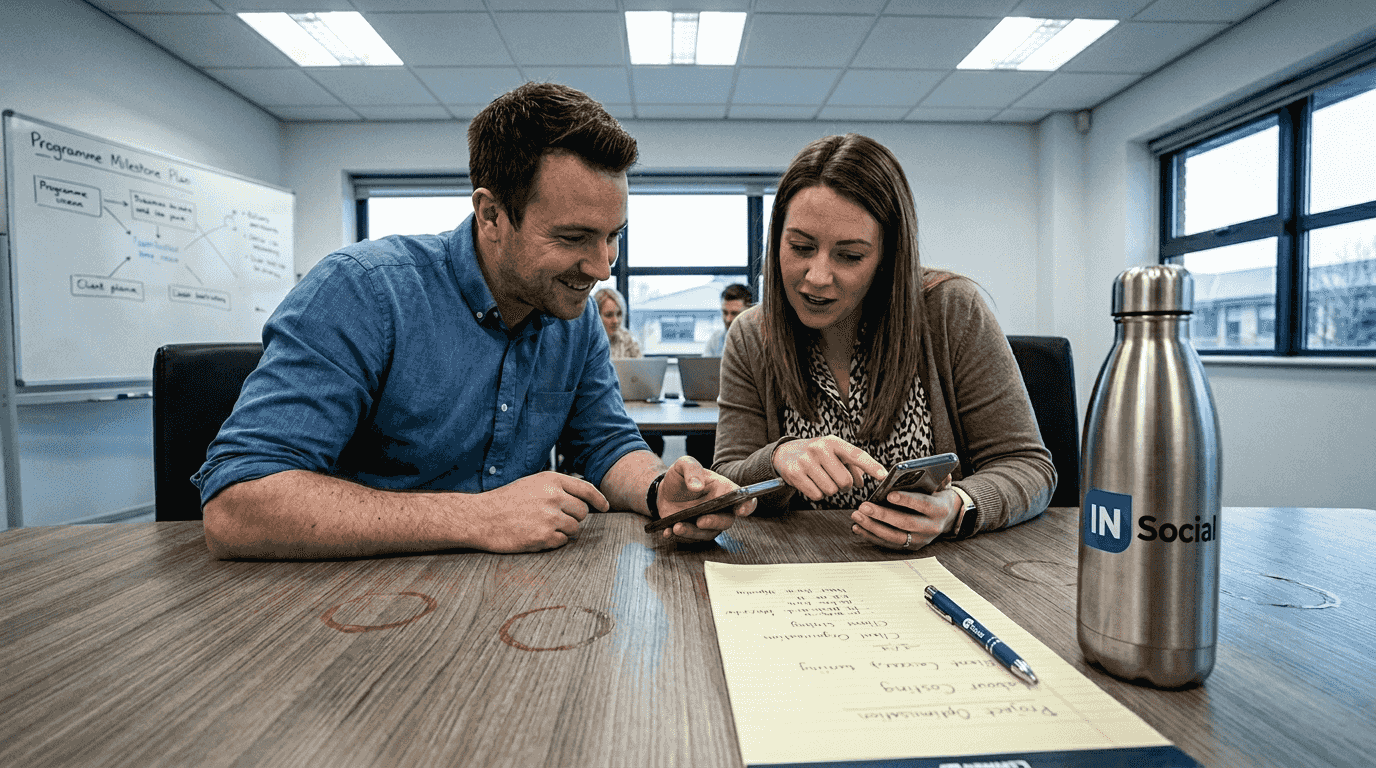 Colleagues sharing LinkedIn content together