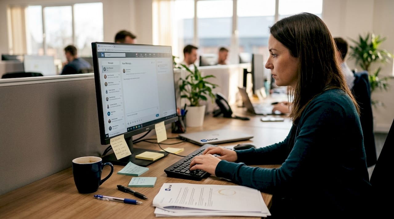 Sales rep connecting on LinkedIn at desk