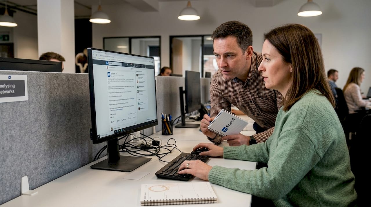 Colleagues reviewing LinkedIn post for B2B leads
