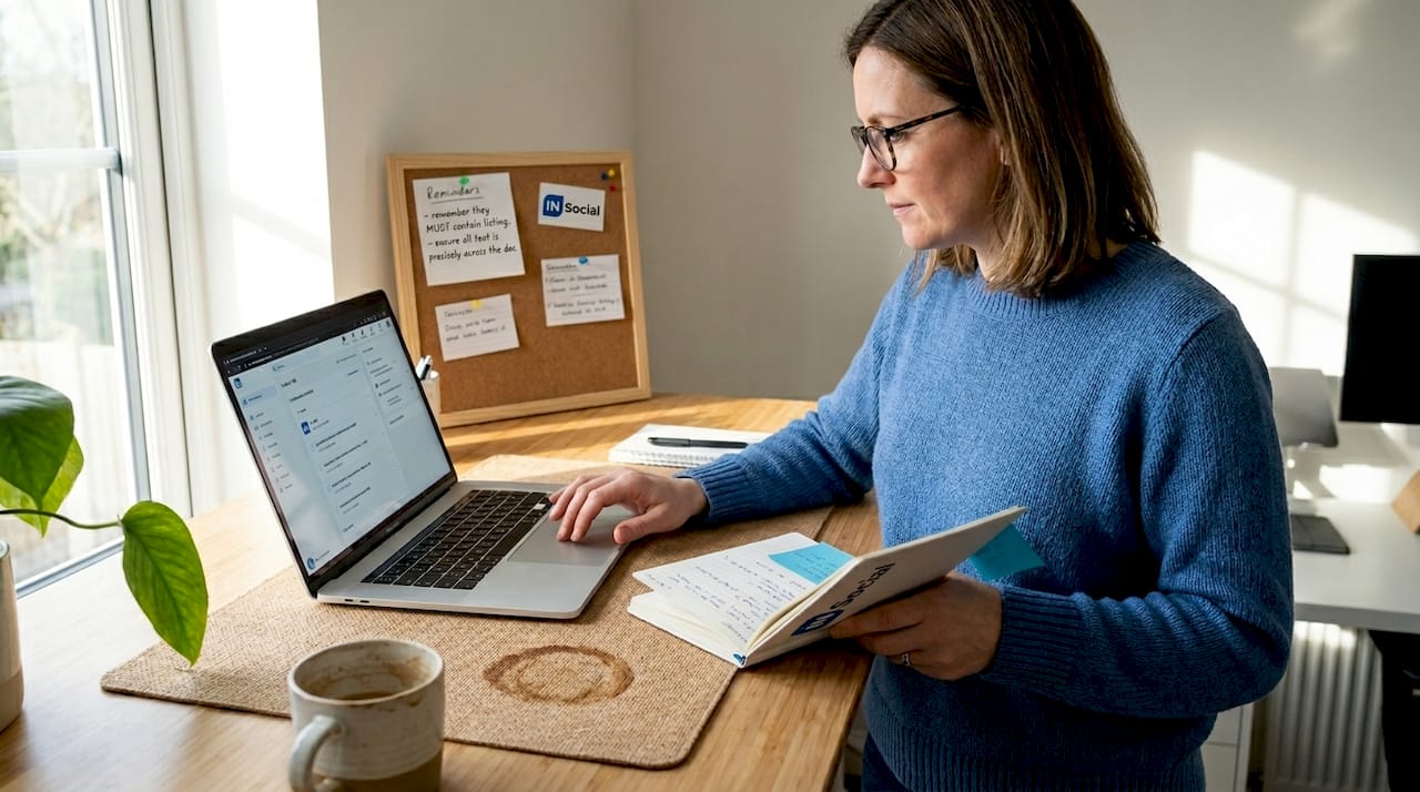 Woman organizing LinkedIn pipeline at standing desk