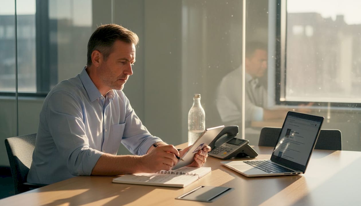 Man connecting via LinkedIn in meeting room