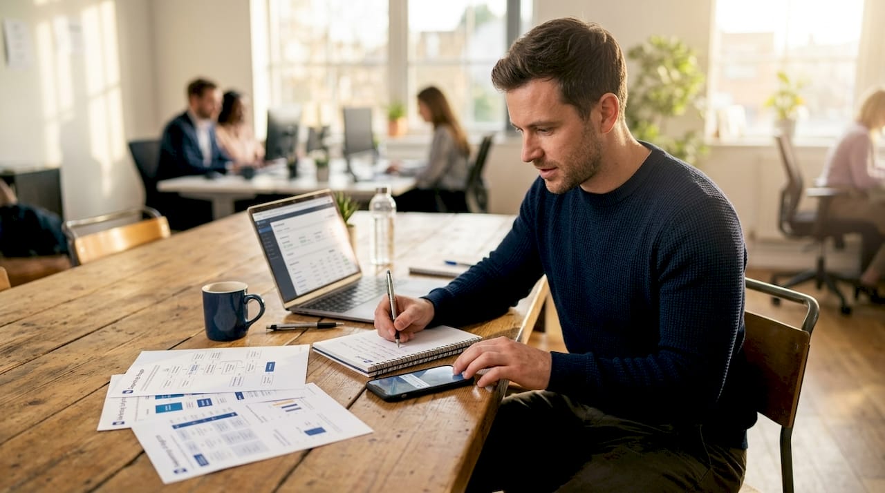 Professional planning LinkedIn campaign at workspace table