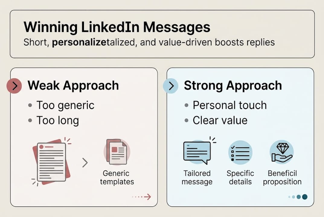 Infographic comparing weak vs strong LinkedIn messages