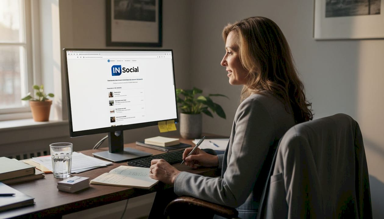 Woman preparing LinkedIn profile in office