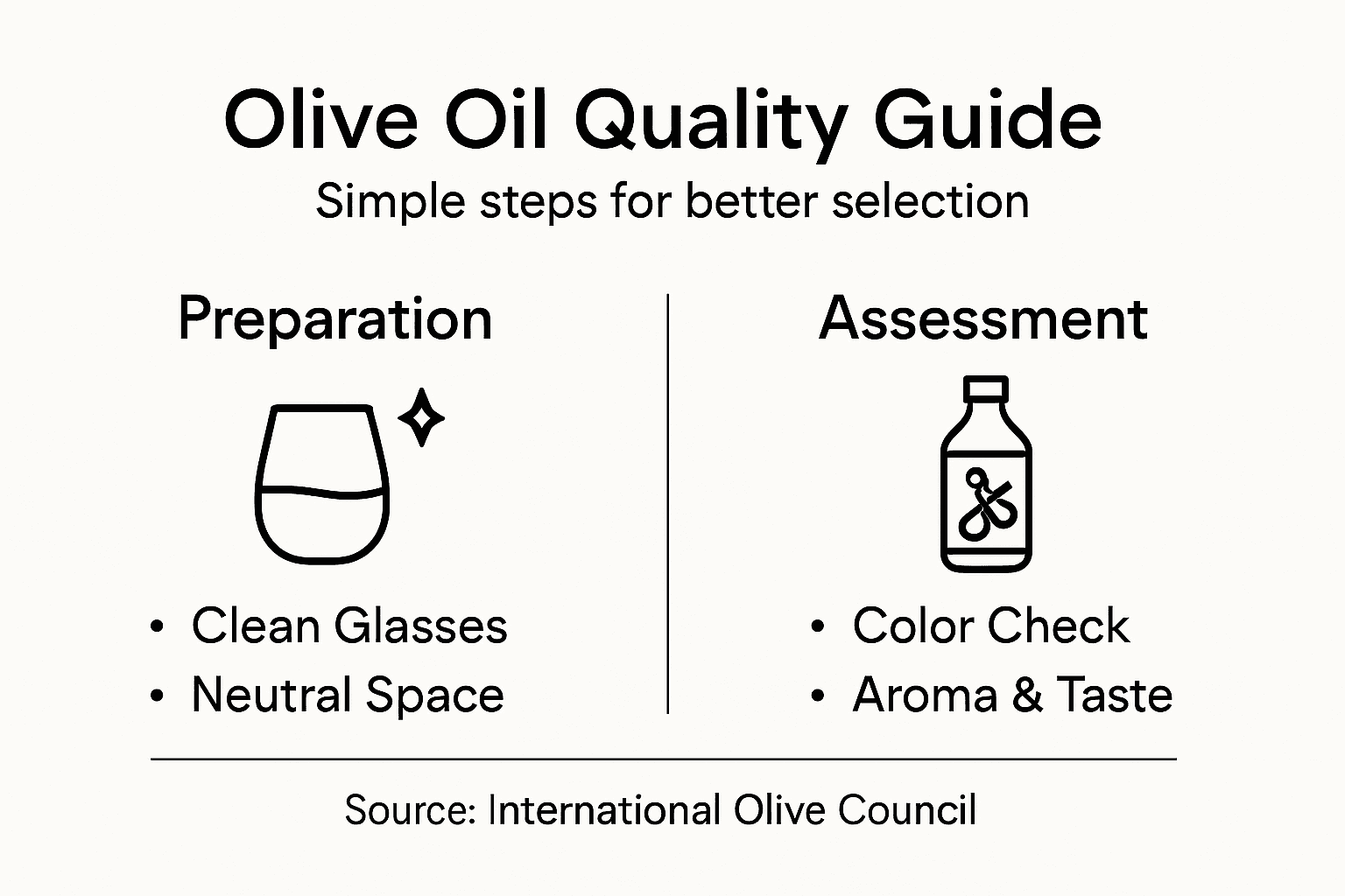 Infographie présentant les étapes d'évaluation de l'huile d'olive