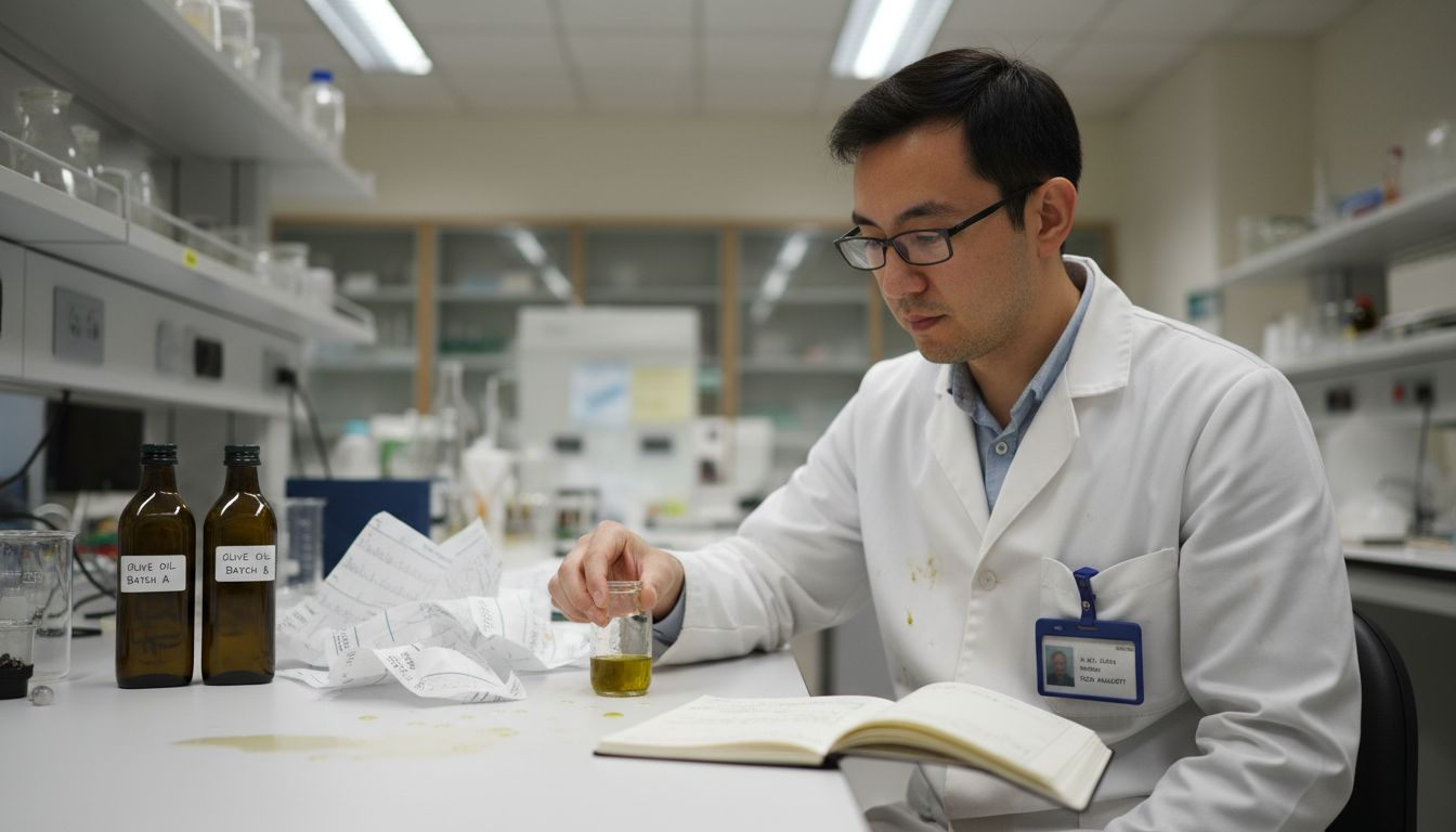 Técnico de laboratório analisando amostra de azeite