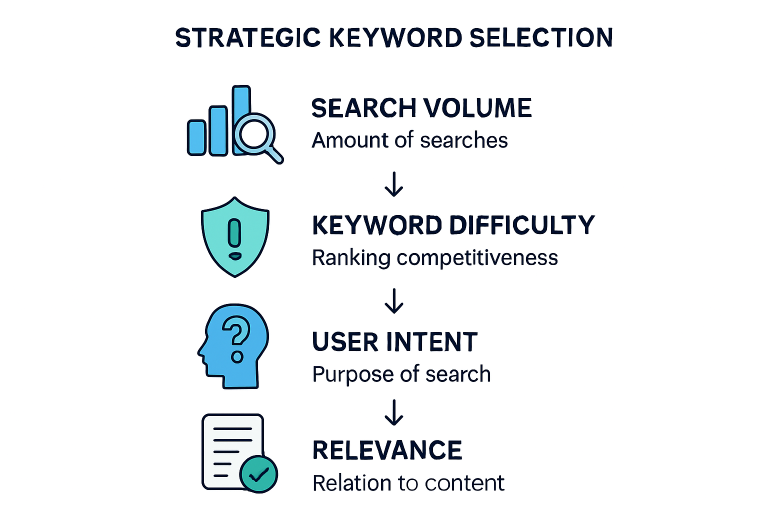 Infographic outlining key considerations for strategic keyword selection.