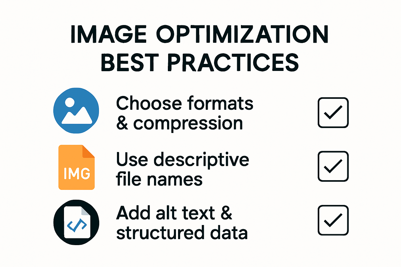 Checklist infographic for image optimization best practices SEO.