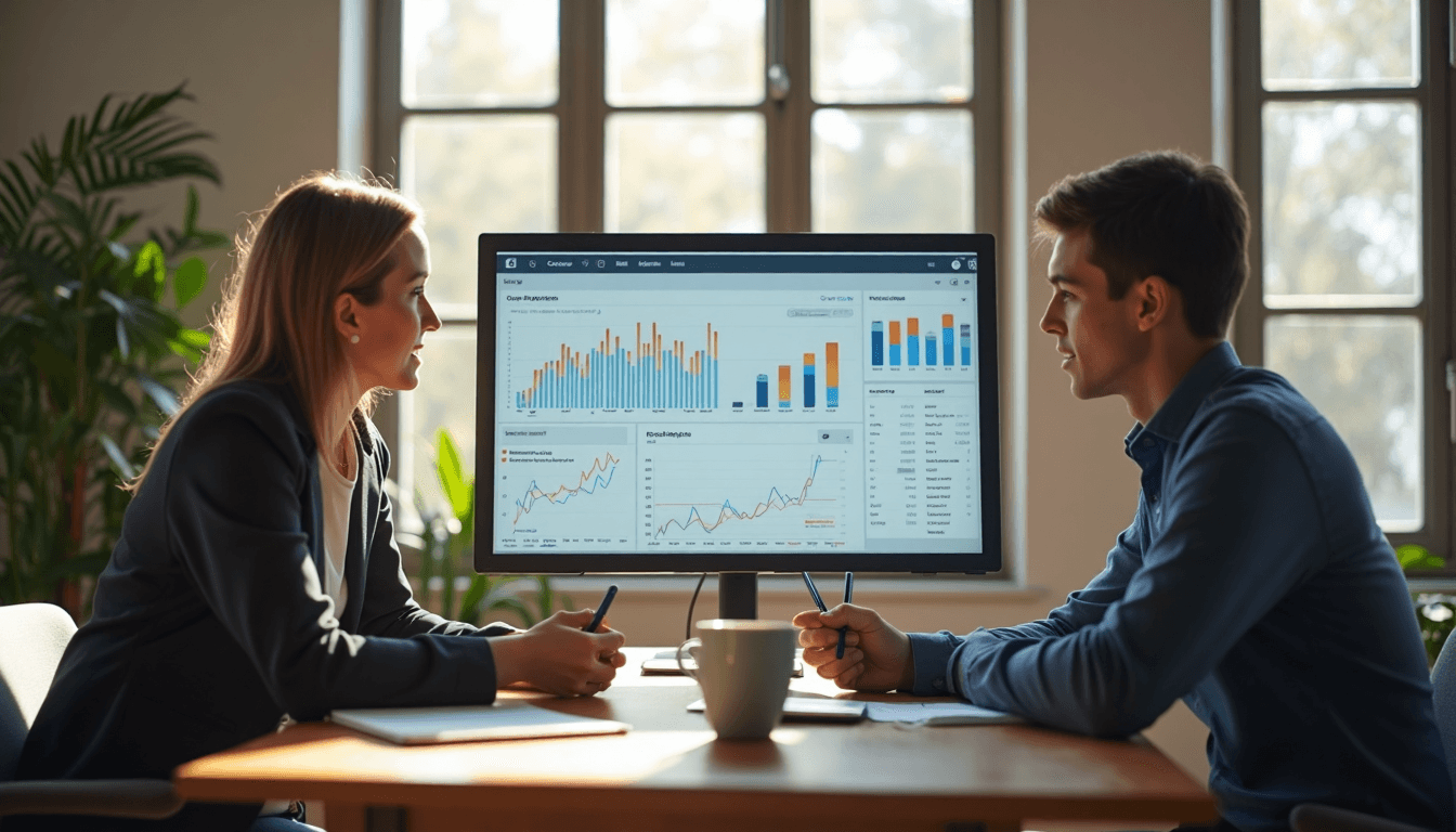 Marketers reviewing website speed data together at office desk