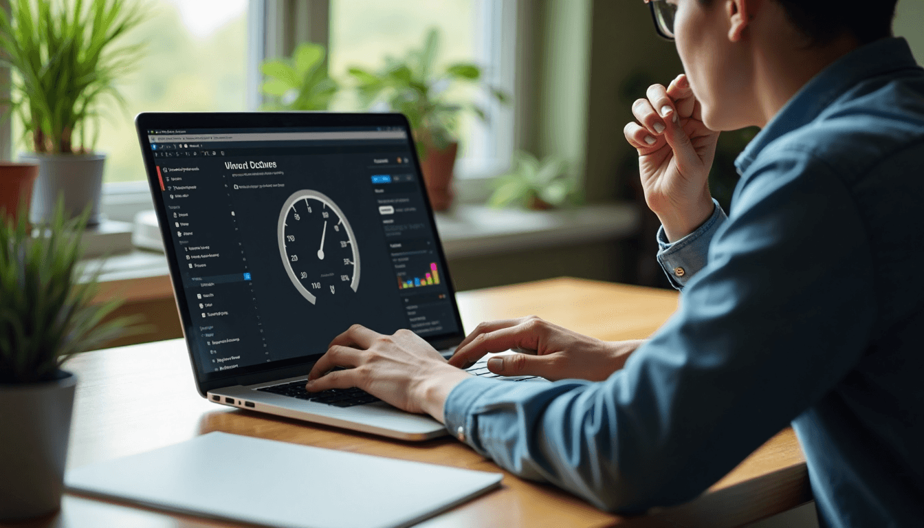Developer examines website speed scores in bright home office