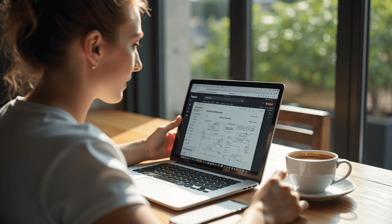 Marketer at café analyzing SEO ranking strategies on tablet
