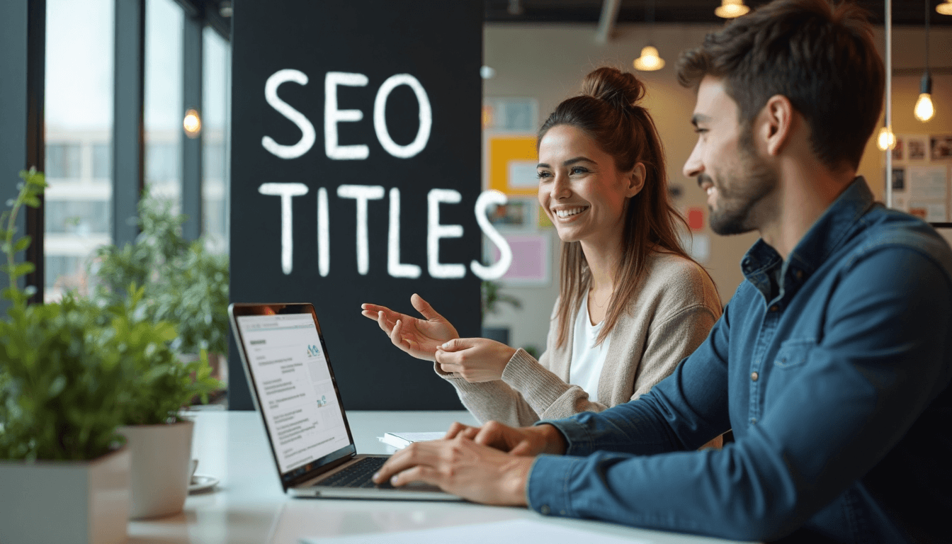 Professionals working in bright office with SEO Titles on glass wall