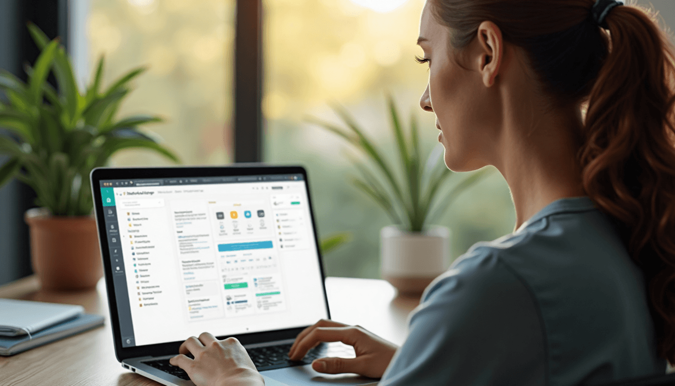 Woman plans e-commerce site structure at laptop
