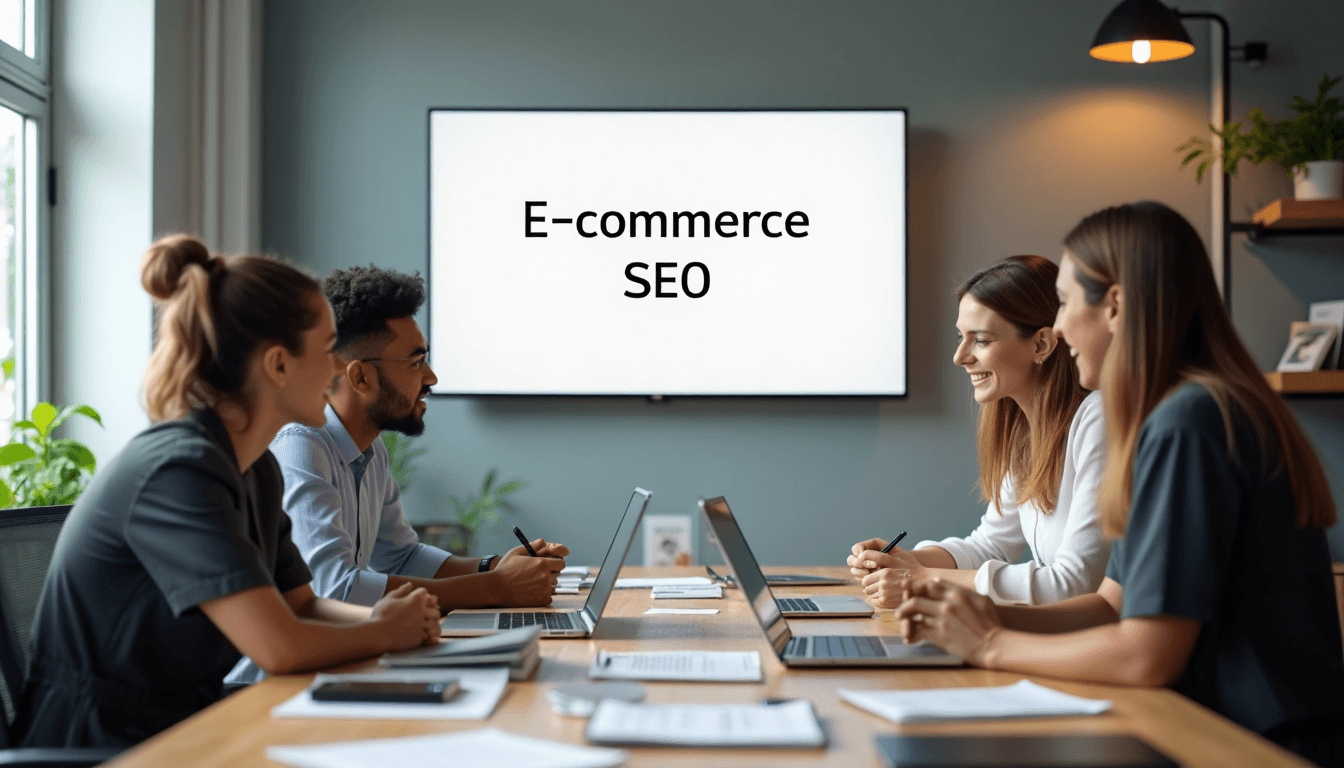 Team at desk with E-commerce SEO on meeting screen