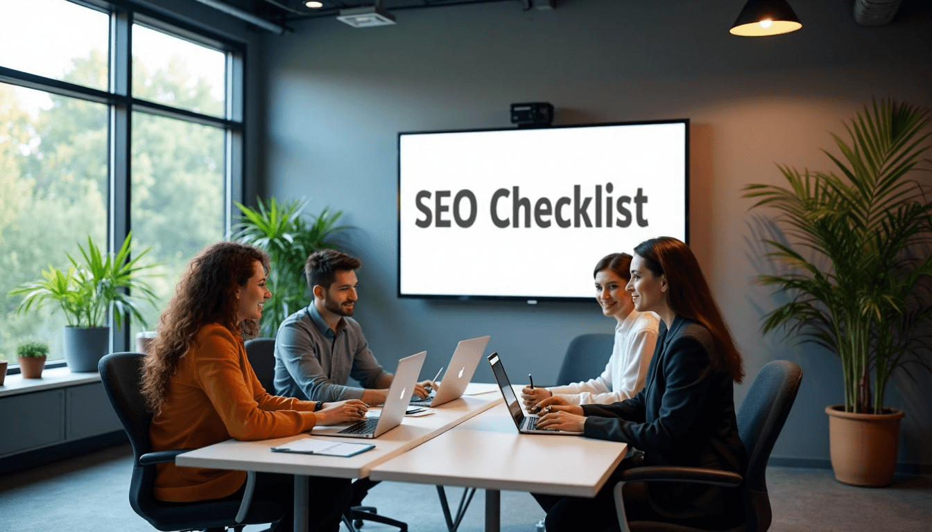 Teamwork in a sunlit office, SEO Checklist on screen