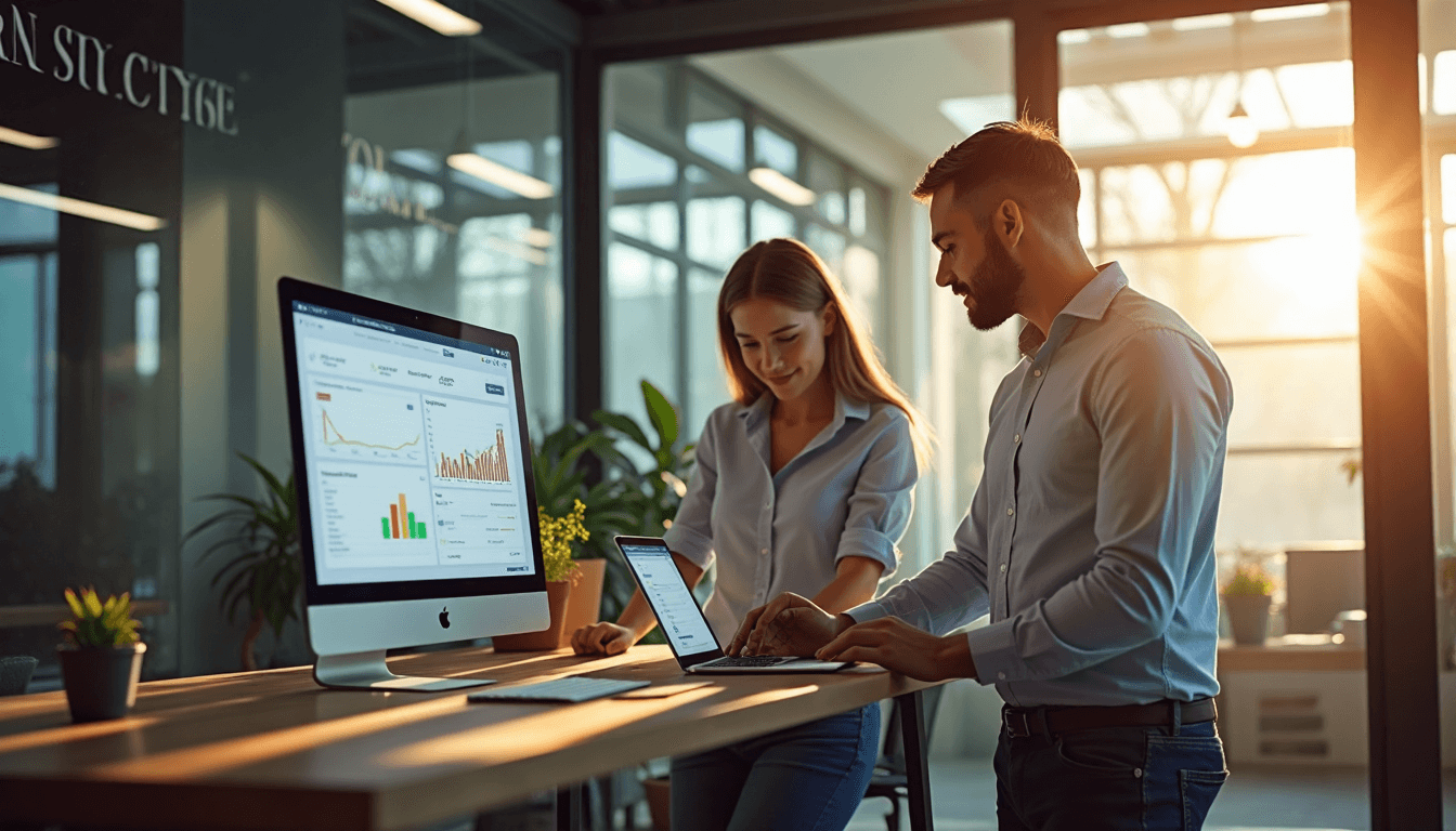 Small business team collaborating in sunlit office with SEO Foundation text
