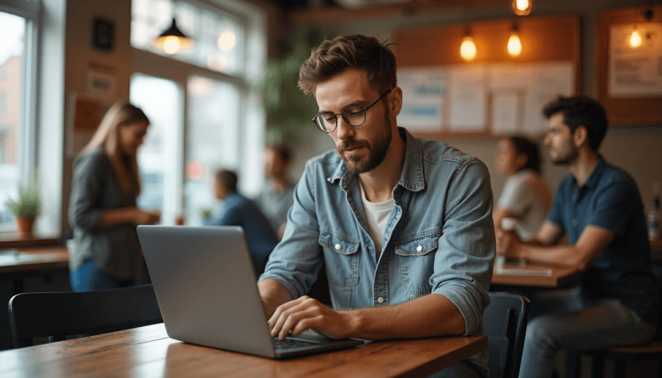 Cafe owner checks website analytics near technical optimization poster