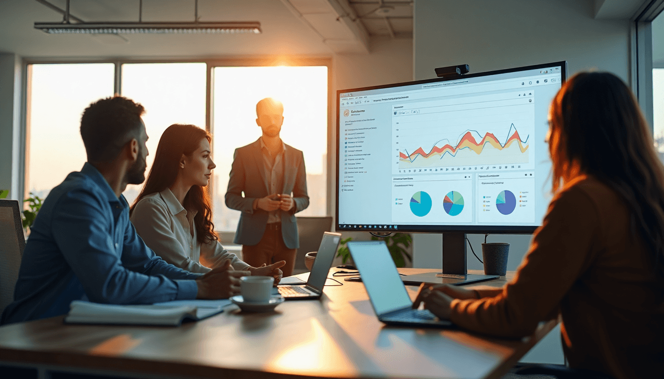 Team analyzing website data in bright modern office