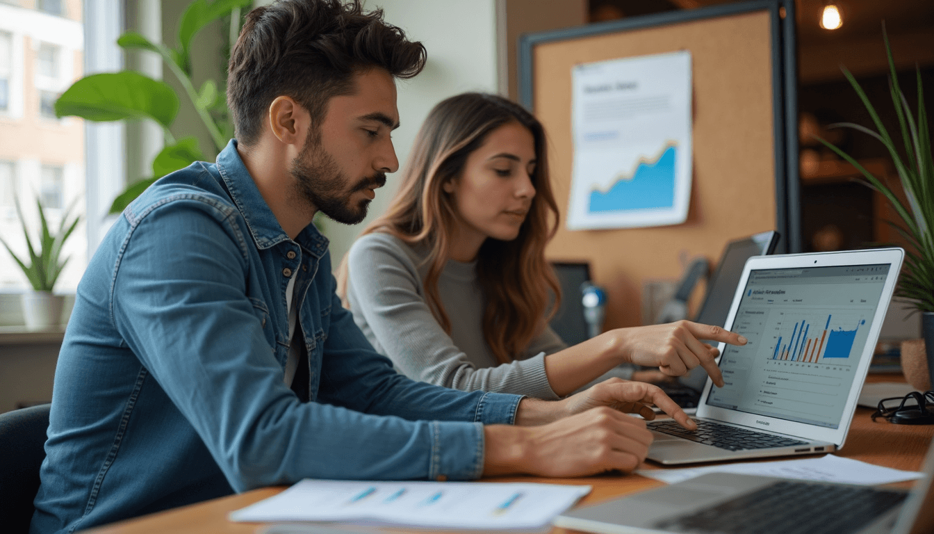 People reviewing analytics report in sunlit workspace