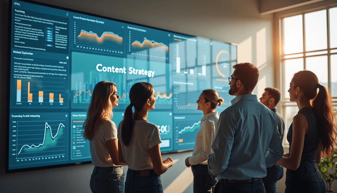 Team collaborating by a content strategy dashboard in bright office