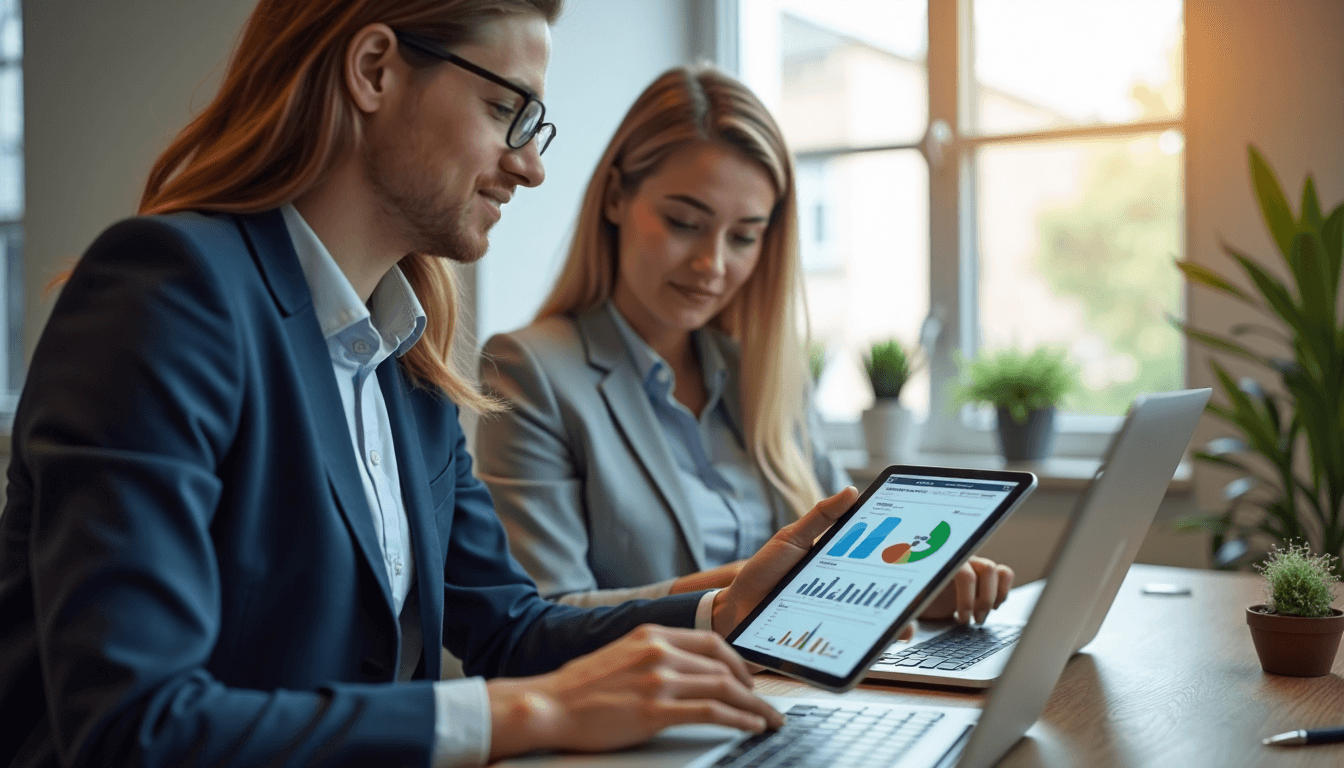 Coworkers reviewing key metrics on digital devices in office