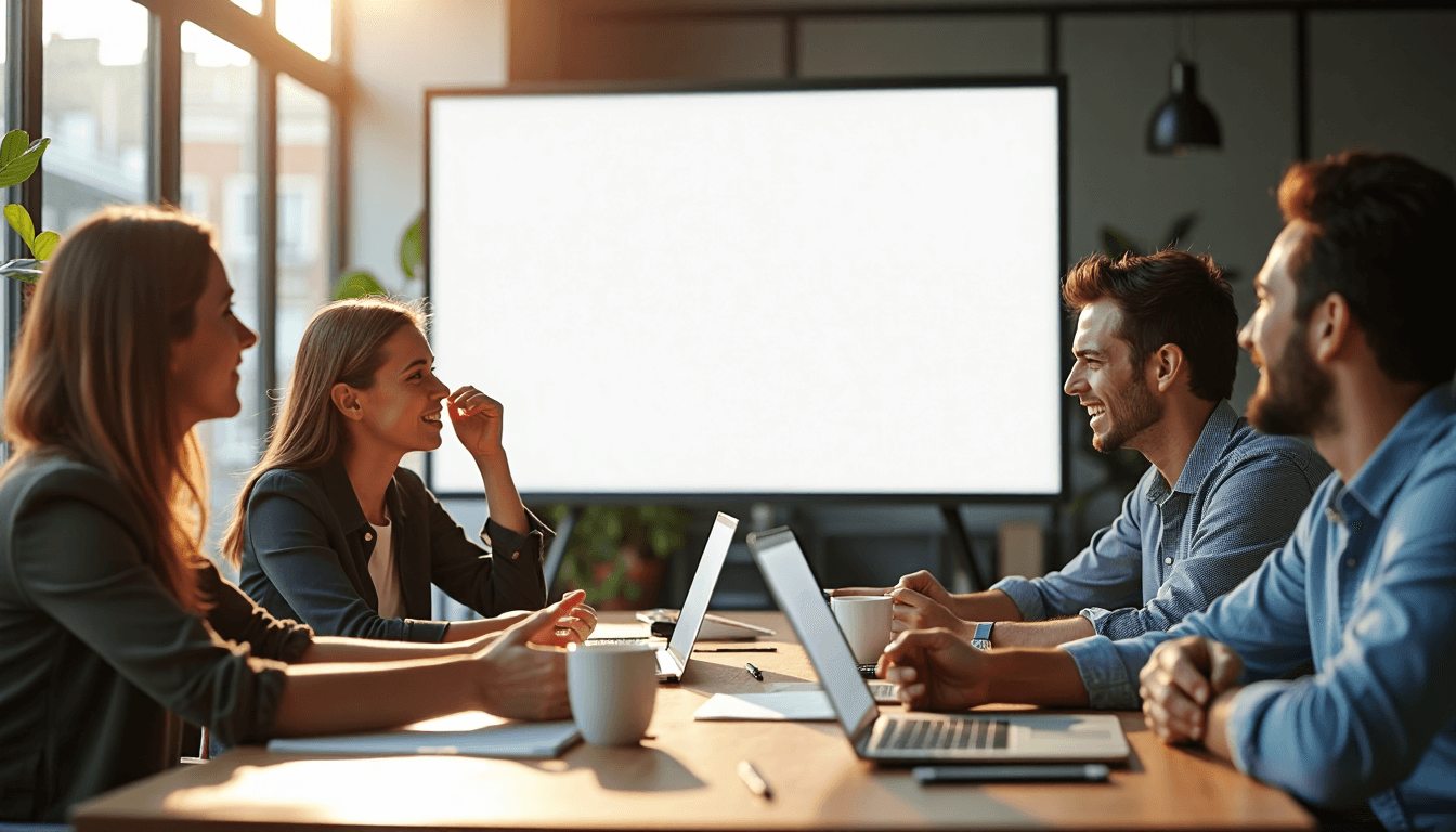 Team discussing content strategy in modern office with wall display