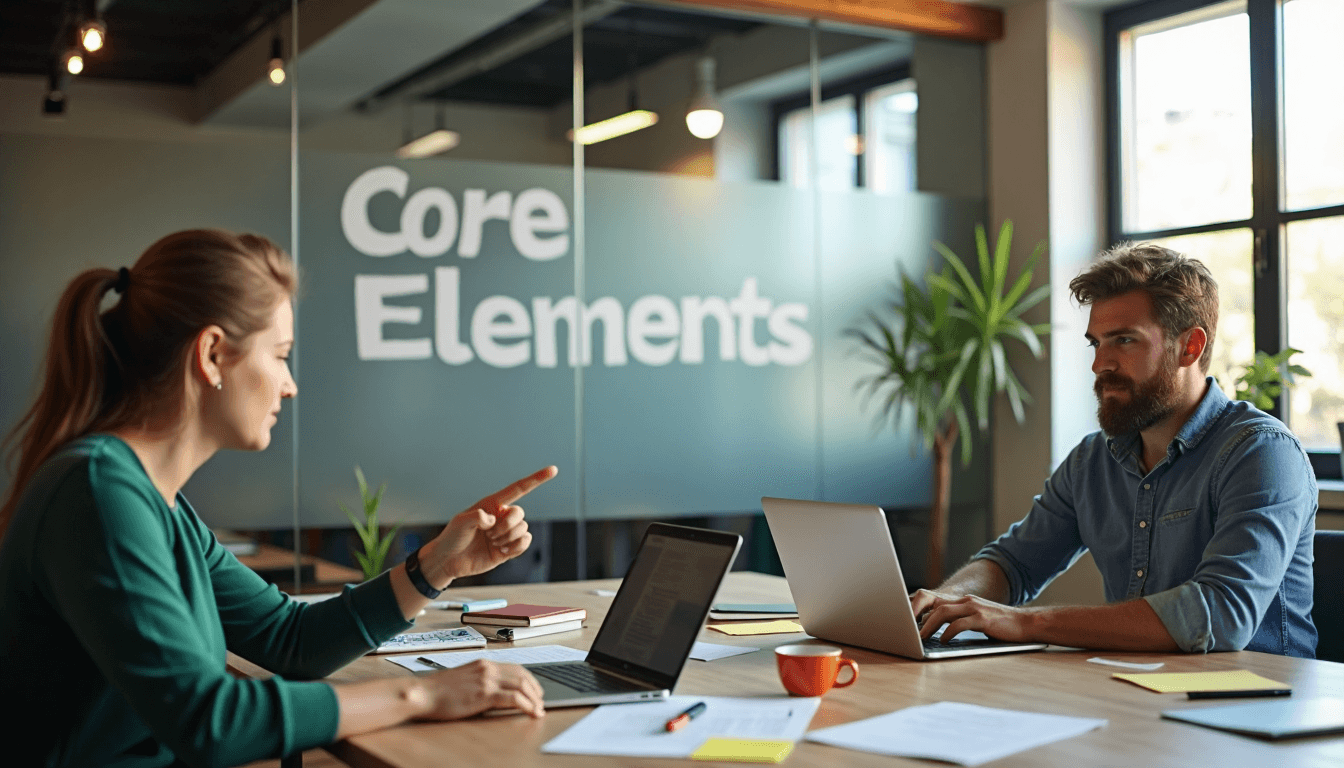 Colleagues reviewing content core elements on laptop in bright office