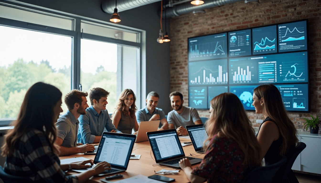 Team meeting in modern office discussing SEO hurdles