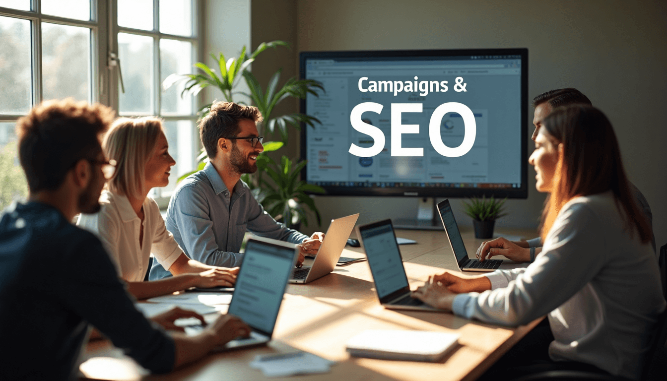 Marketers reviewing campaign and SEO strategy on laptops and large screen